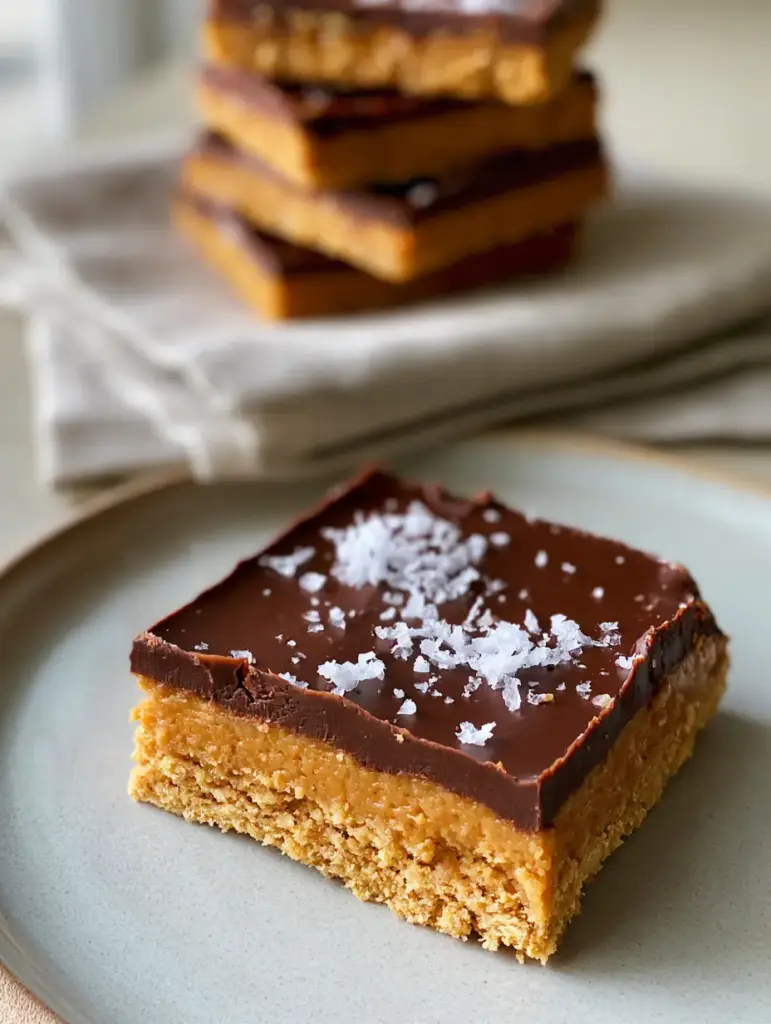 no-bake peanut butter cup bars: The Ultimate Salty-Sweet Dessert 1 Macro close-up of a single peanut butter cup bar showing the graham cracker texture and sea salt crystals.