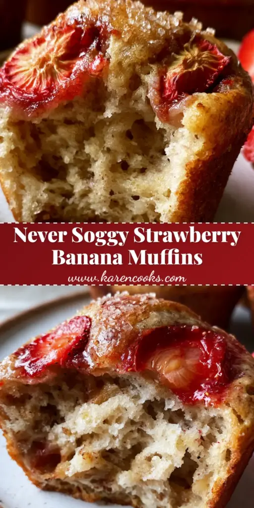 strawberry banana muffins: The Fluffiest Bakery-Style Recipe 4 A close up of a golden-brown strawberry banana muffin with glistening turbinado sugar and jammy strawberry slices.