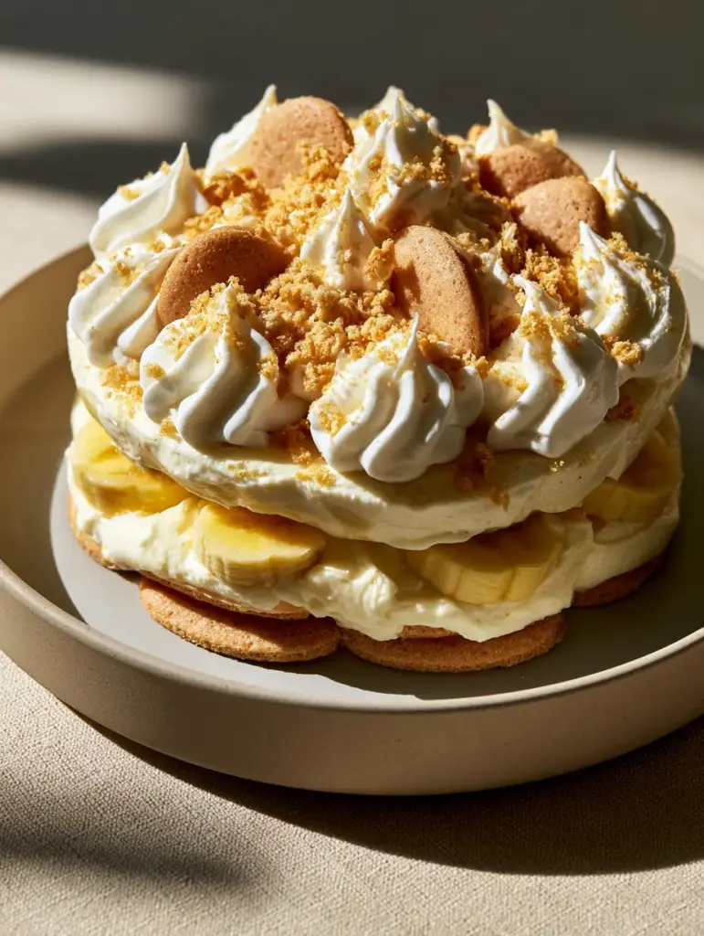 Close up of No Bake Banana Pudding showing a dense cream cheese custard layer and neat slices of bright yellow bananas.