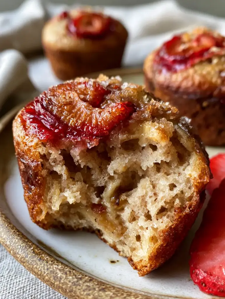 A handheld smartphone photo of a strawberry banana muffin split open to show a fluffy interior crumb and banana pockets.