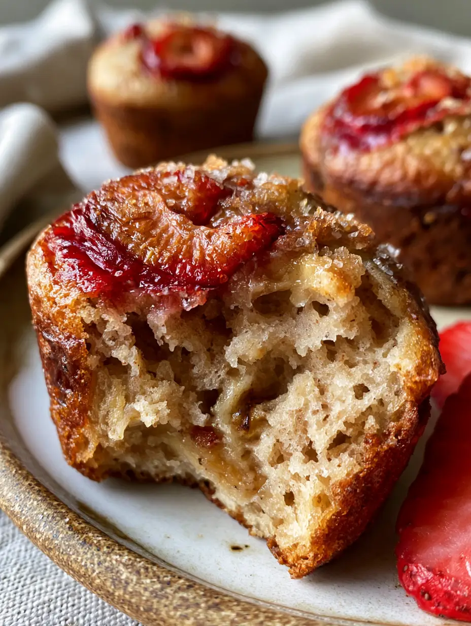strawberry banana muffins: The Fluffiest Bakery-Style Recipe 3 A handheld smartphone photo of a strawberry banana muffin split open to show a fluffy interior crumb and banana pockets.