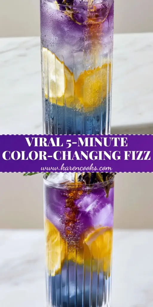 Honey Lemon Butterfly Fizz: The Ultimate Color-Changing Mocktail Recipe 3 A tall ribbed glass of Honey Lemon Butterfly Fizz showing a gradient from deep indigo to electric purple with lemon rounds and mint garnish.