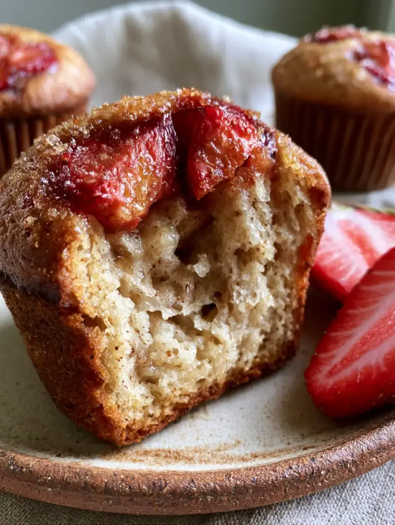 strawberry banana muffins: The Fluffiest Bakery-Style Recipe 1 A tray of golden-brown strawberry banana muffins fresh out of the oven with caramelized strawberry slices.