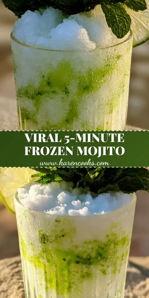 Frozen Mojito Mocktail: The Ultimate Ultra-Fine Summer Slushie 3 A close-up of a Frozen Mojito Mocktail in a ribbed crystal glass with ultra-fine ice, neon-lime swirls, and a large mint garnish on a sunlit patio.