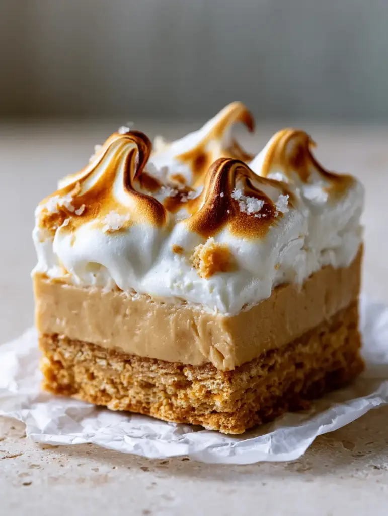 Macro close-up side profile of fluffernutter bars showing the Ritz cracker base and tan peanut butter fudge layer. (fluffernutter bars)
