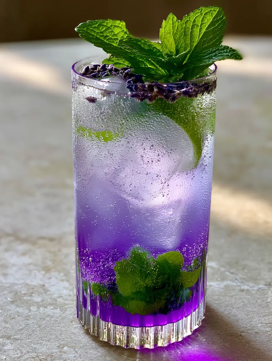 Lavender Mojito Mocktail: The Ultimate Refreshing Purple Drink 3 Close up of a Lavender Mojito Mocktail showing vibrant purple syrup layers and effervescent bubbles. (Lavender Mojito Mocktail)
