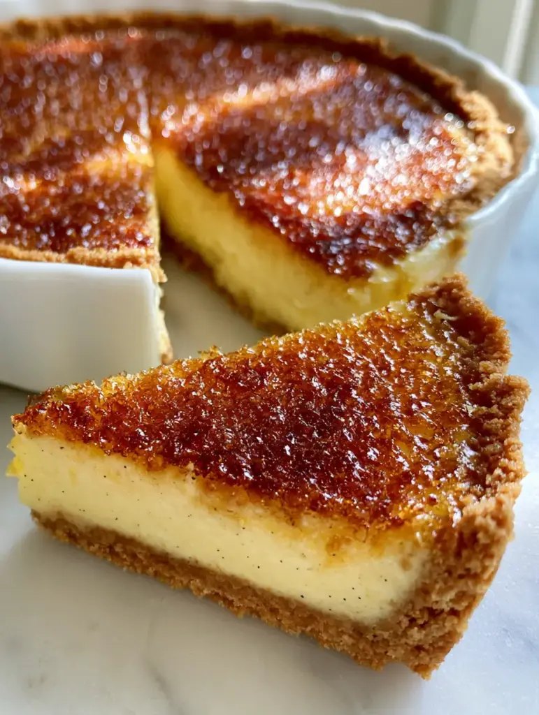 Home 6 Close-up of a sliced Creme Brulee Pie revealing the silky pale yellow vanilla bean custard and thick graham cracker crust.