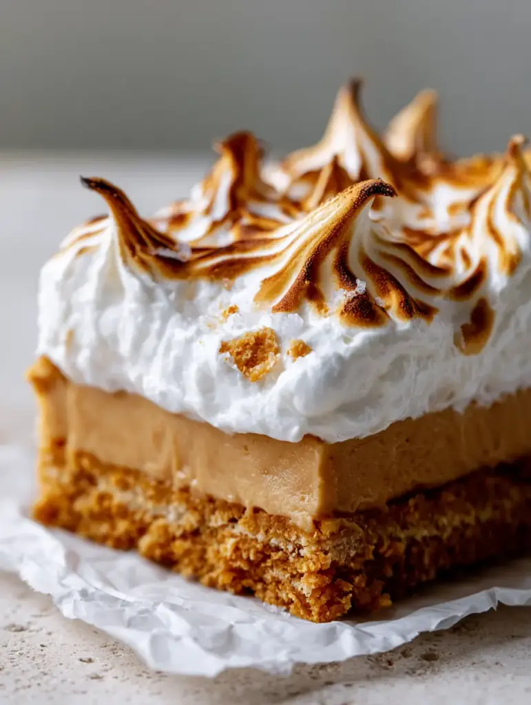 Close-up of golden-brown toasted marshmallow peaks on top of gooey peanut butter bars.