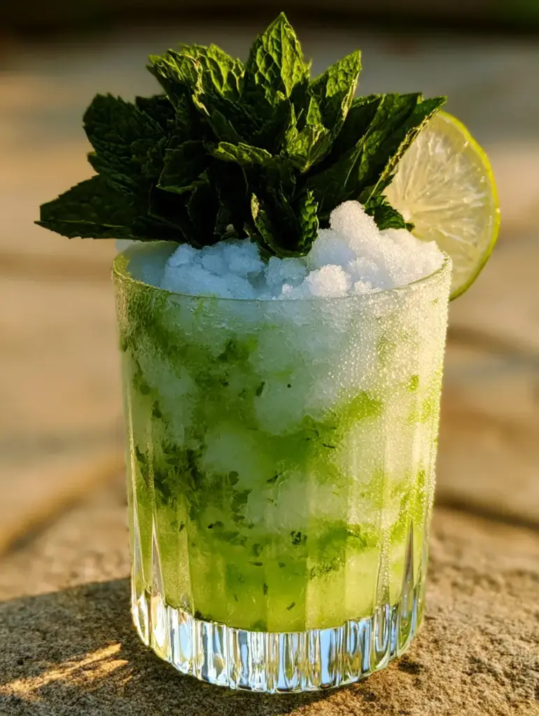 A macro shot showing the fine ice crystals and microscopic mint flecks in a Frozen Mojito Mocktail.