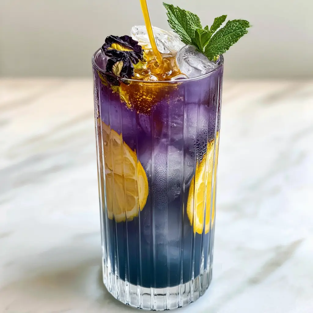Honey Lemon Butterfly Fizz: The Ultimate Color-Changing Mocktail Recipe 2 Close up shot of the purple citrus reaction in a Honey Lemon Butterfly Fizz mocktail.
