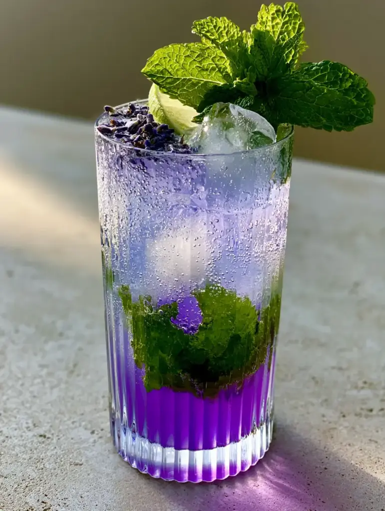 Lavender Mojito Mocktail: The Ultimate Refreshing Purple Drink 1 A Lavender Mojito Mocktail on a stone surface during golden hour, highlighting condensation and mint garnishes.