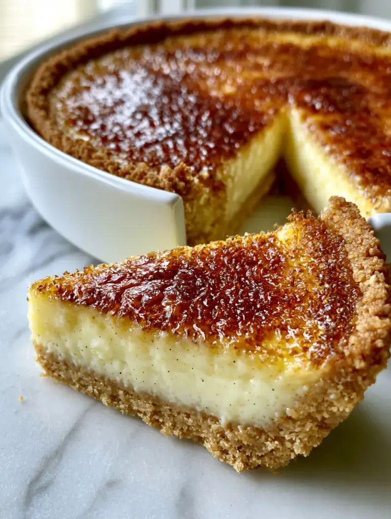 Creme Brulee Pie with Buttery Graham Cracker Crust 1 Overhead view of a glossy amber Creme Brulee Pie on a marble background with natural soft lighting.