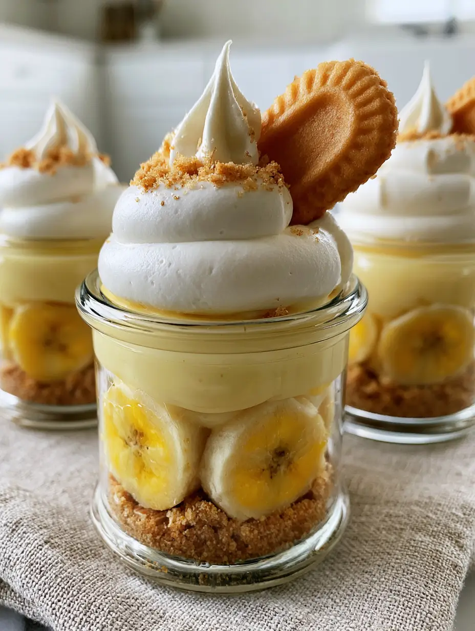 Nilla Wafer Banana Pudding Cups: The Ultimate Mini Layered Dessert 3 Eye-level close up of three mini glass jars filled with nilla wafer banana pudding cups showing layers of crumbs and bananas against the glass.
