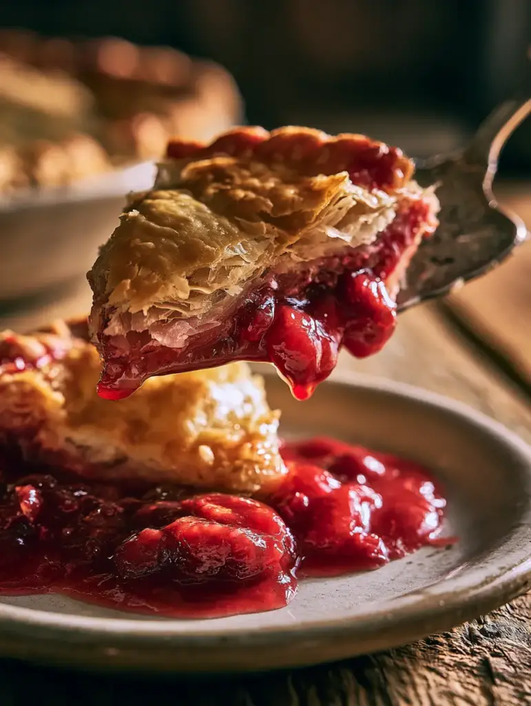 Close-up of incredibly delicate crispy pastry layers and rich glossy bubbling cherry filling. (Grandma's best pie recipes)
