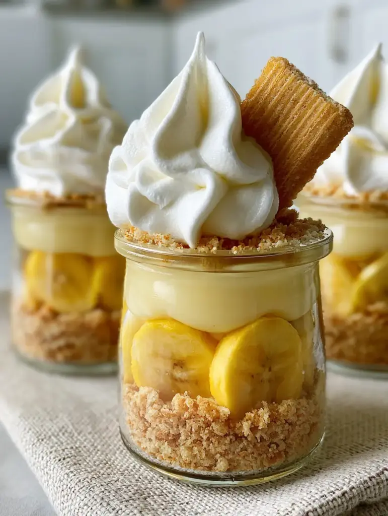 Nilla Wafer Banana Pudding Cups: The Ultimate Mini Layered Dessert 1 Close-up shot of creamy pudding and cloud-white whipped cream topping with a Nilla wafer garnish.