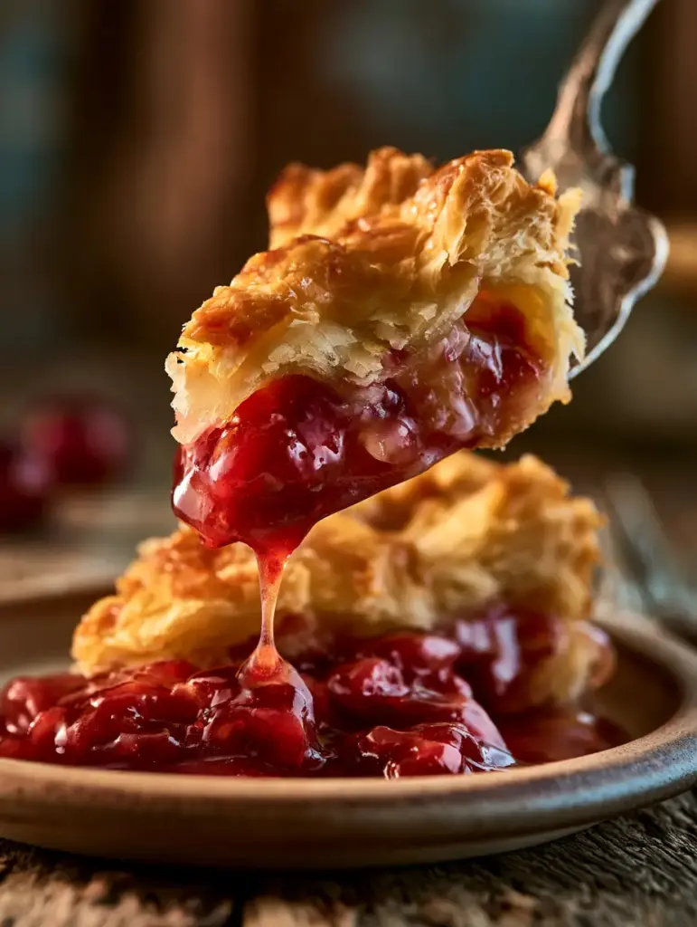 Hyper-realistic textures of a cherry pie slice on a ceramic plate with soft morning light.