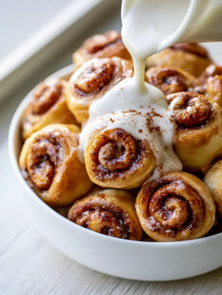 Cinnamon roll bites: The Ultimate Pillowy Breakfast Treat 1 Top-down view of Cinnamon roll bites overflowing in a ceramic bowl with steam vapor.
