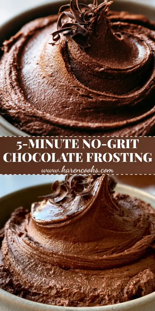 Chocolate Frosting: The Ultimate Dark Velvet Buttercream Recipe 3 A tall Pinterest pin showing a close-up of dark chocolate frosting with glossy swirls and chocolate shavings, featuring text overlay 'The Ultimate Chocolate Frosting'.