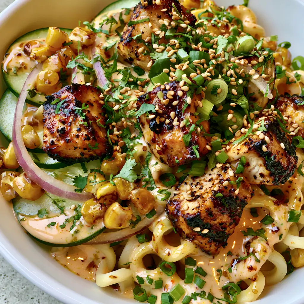 Close-up of glistening creamy chili-lime dressing on curly noodles and charred chicken. (Geburtstagskarte basteln)