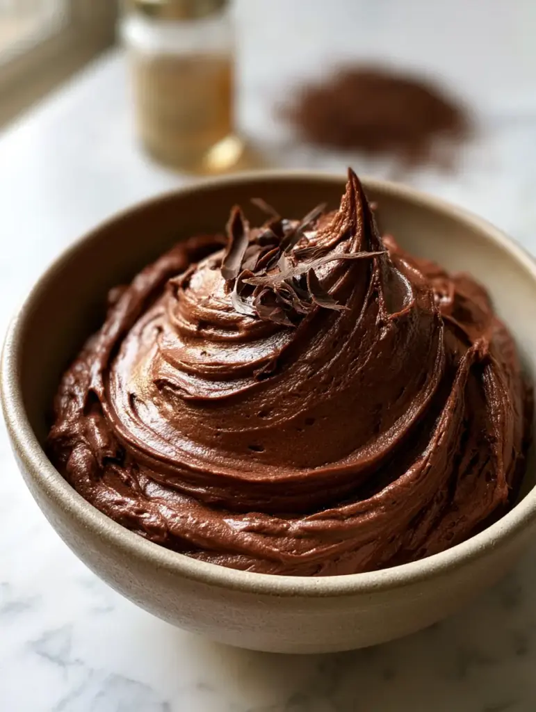 Chocolate Frosting: The Ultimate Dark Velvet Buttercream Recipe 2 An extreme close-up of deep rich chocolate frosting in a matte bowl with a thick velvety swoosh and dark chocolate shavings.