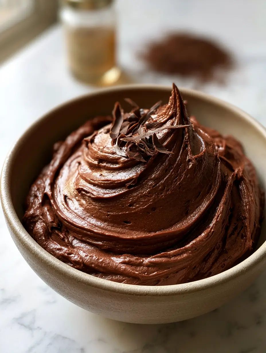 An extreme close-up of deep rich chocolate frosting in a matte bowl with a thick velvety swoosh and dark chocolate shavings.