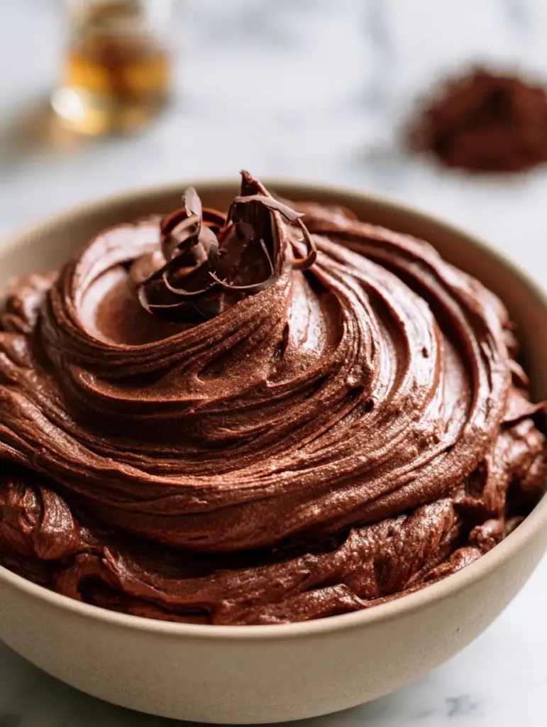 Chocolate Frosting: The Ultimate Dark Velvet Buttercream Recipe 1 Close-up of aerated chocolate frosting showing a high-gloss sheen and delicate chocolate curls on a white marble background.