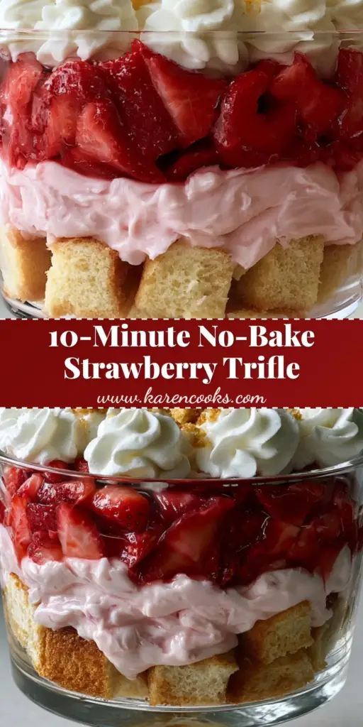 Strawberry Shortcake Trifle with Velvety Pink Cream Cheese Pudding 4 A close-up vertical shot of a strawberry shortcake trifle showing layers of golden cake, pink pudding, and red strawberries in a glass bowl.