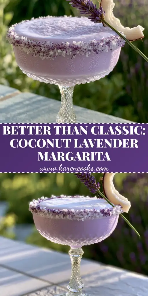 Coconut Lavender Margarita: The Creamiest Floral Summer Cocktail 4 A luxurious Coconut Lavender Margarita in a vintage crystal coupe glass with a purple lavender sugar rim and thick foam head.