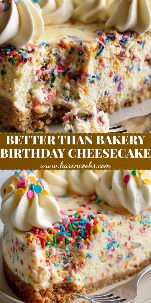 A tall slice of Birthday Cake Cheesecake with rainbow sprinkles, piped whipped cream peaks, and a Golden Oreo crust on a white plate.