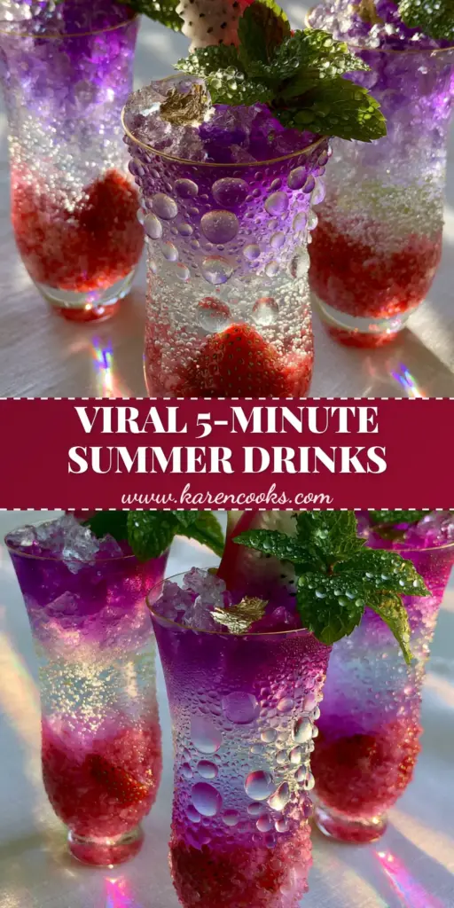 Summer Drinks: The Sparkling Strawberry Butterfly Pea Tea Mocktail 4 A tall fluted glass with ombre layers of strawberry puree, lime soda, and purple tea, garnished with dragonfruit and mint. (summer drinks)