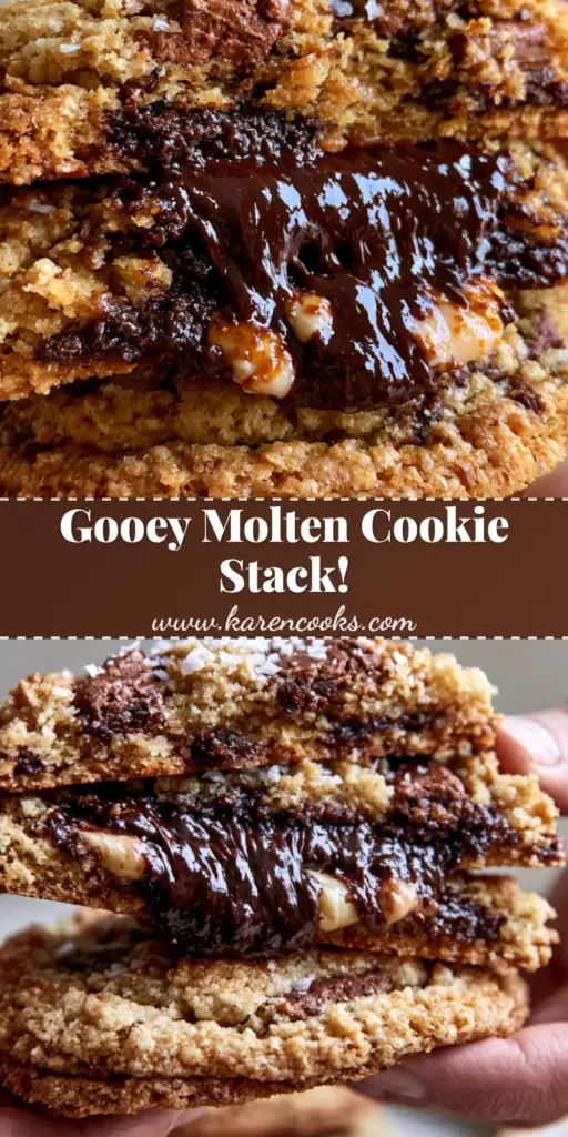 Molten chocolate chip cookie stack with Dark Chocolate Lava Center 3 A close-up vertical shot of a molten chocolate chip cookie stack being pulled apart, revealing an oozing dark chocolate center.