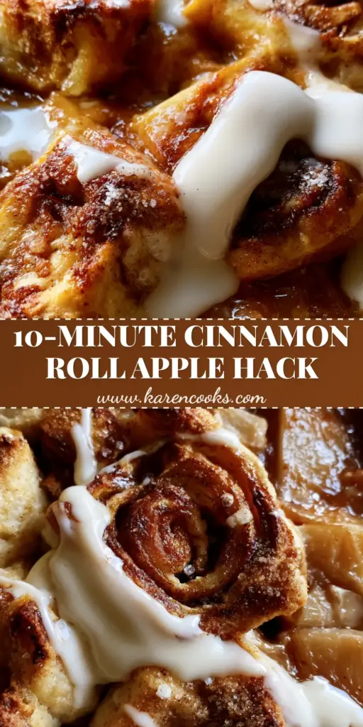 Cinnamon Roll Apple Cobbler: The Easiest 2-Ingredient Dessert Hack 4 A top-down macro shot of a bubbling cinnamon roll apple cobbler with golden-brown crust, visible spirals, and thick cream cheese icing drizzle.