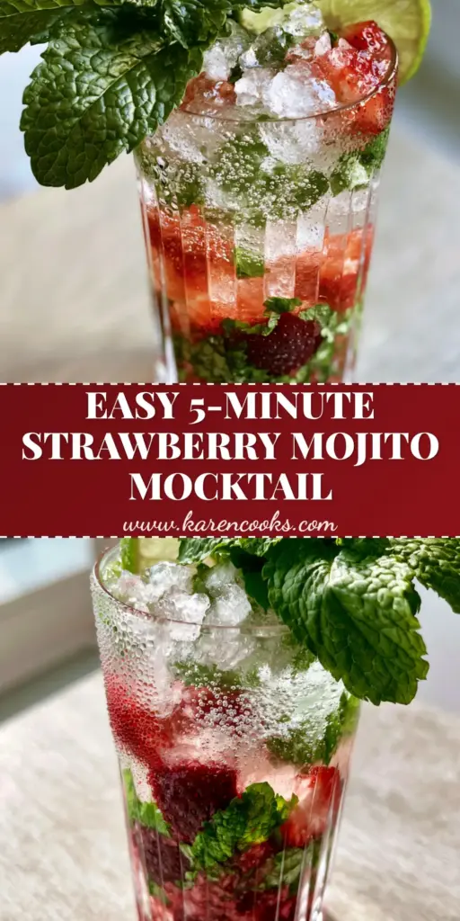 A refreshing strawberry mojito mocktail in a tall ribbed crystal highball glass with muddled strawberries and mint. (strawberry mojito mocktail)