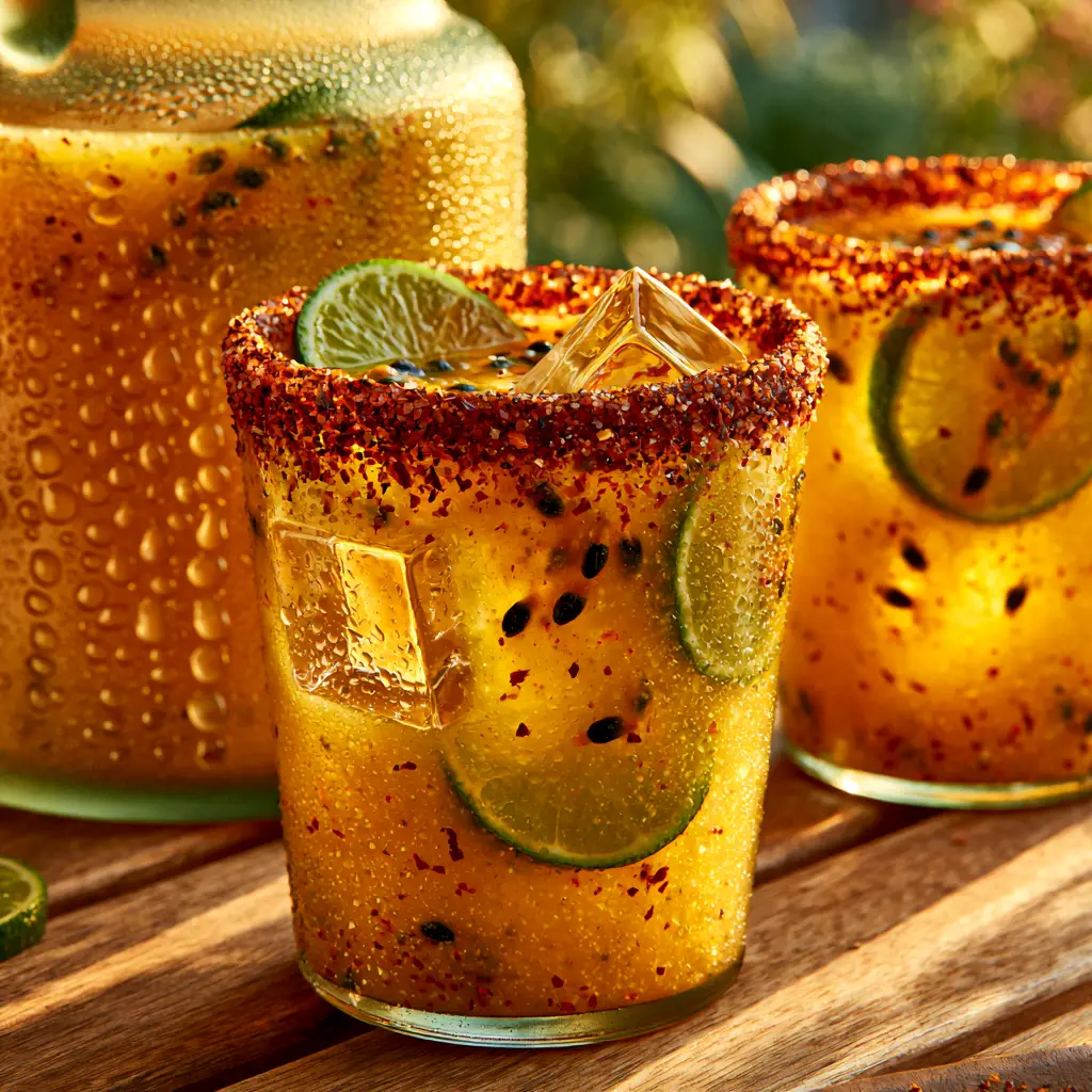 Passion Fruit Margarita Punch with Tajin Rim 2 Close-up handheld photo of glowing golden-orange passion fruit margarita punch with black seeds and lime wheels. (passion fruit margarita punch)