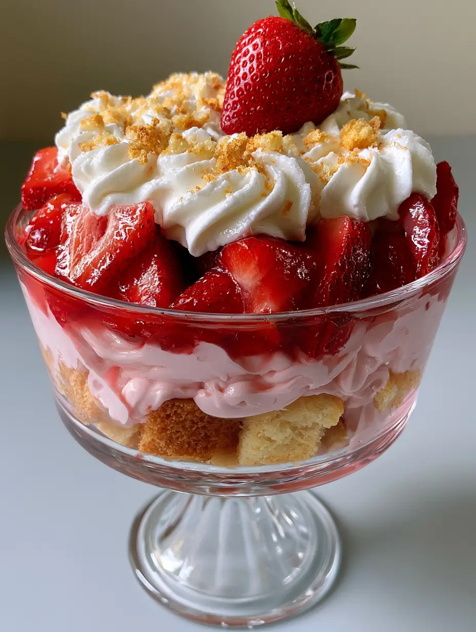 Strawberry Shortcake Trifle with Velvety Pink Cream Cheese Pudding 3 A smartphone photo of a layered strawberry shortcake trifle with pink cream cheese pudding and white whipped cream in a glass bowl.