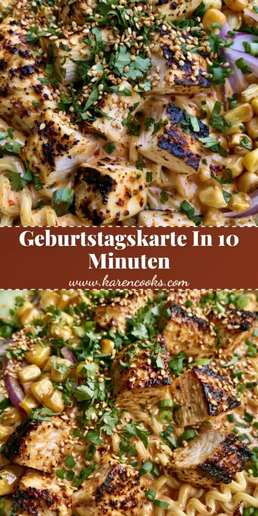 A top-down view of a vibrant street corn and cucumber chicken noodle bowl, perfect for a celebratory dinner when you Geburtstagskarte basteln.
