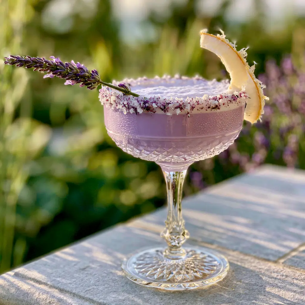Coconut Lavender Margarita: The Creamiest Floral Summer Cocktail 2 Smartphone photo of a pastel purple Coconut Lavender Margarita with a fresh lavender sprig and coconut ribbon garnish.