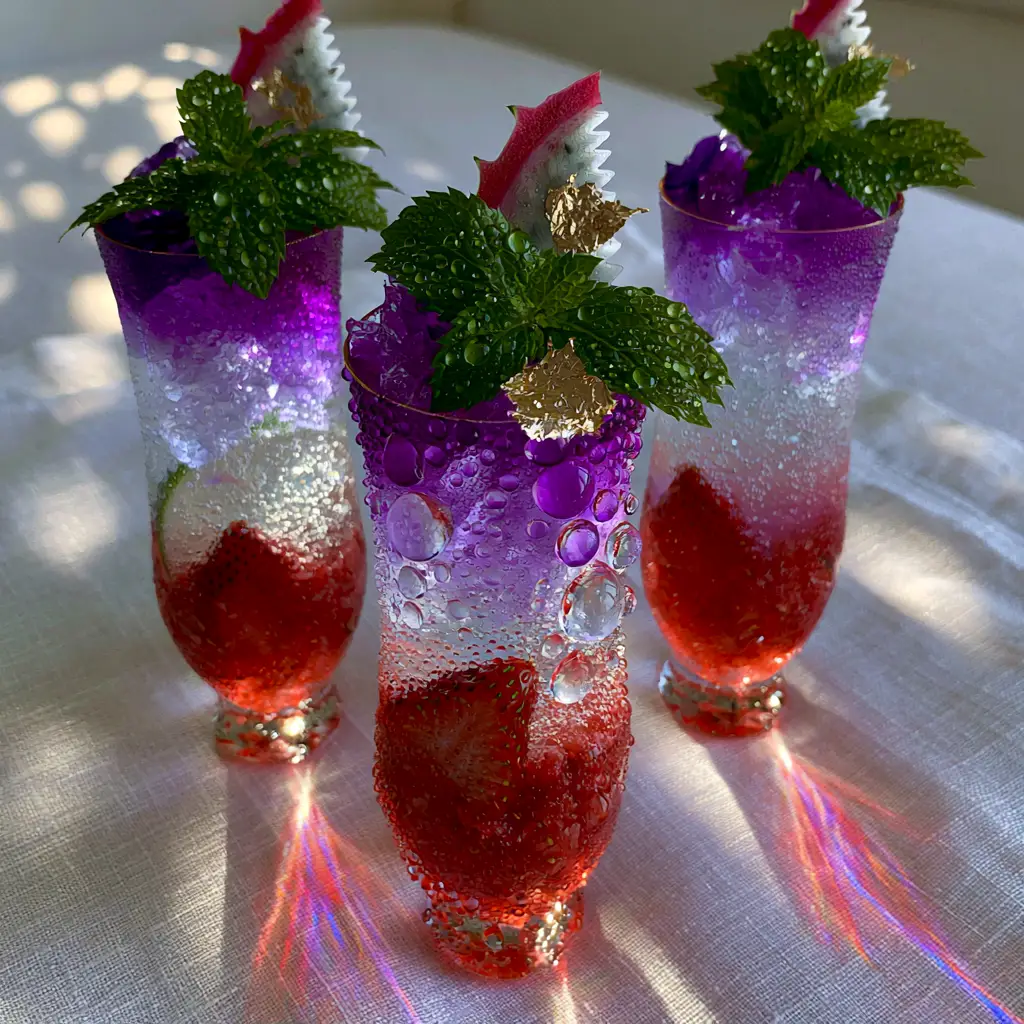 Summer Drinks: The Sparkling Strawberry Butterfly Pea Tea Mocktail 2 Trio of tall fluted glasses with vibrant ombre layers and thick condensation droplets under morning sunlight. (summer drinks)