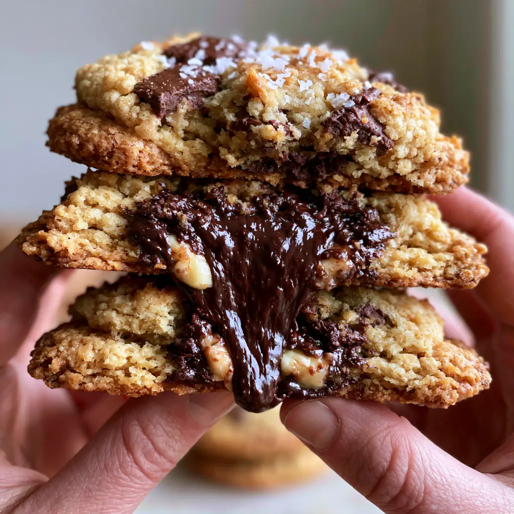 Molten chocolate chip cookie stack with Dark Chocolate Lava Center 2 Handheld photo of two thick chocolate chip cookies with a thick, glossy dark chocolate lava center oozing out. (Molten chocolate chip cookie stack)