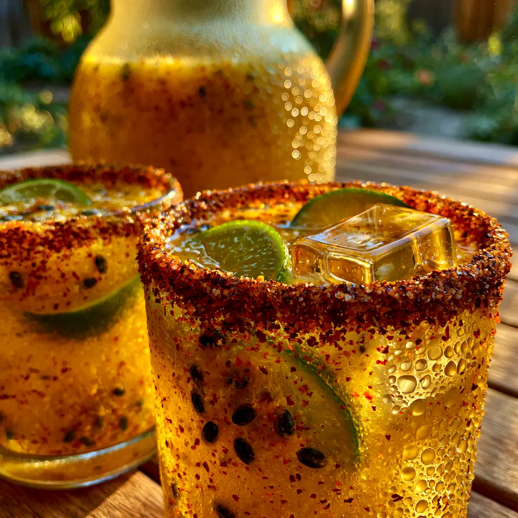 Passion Fruit Margarita Punch with Tajin Rim 1 Frosted glassware filled with pulpy passion fruit margarita punch featuring oversized ice cubes and green lime wheels.