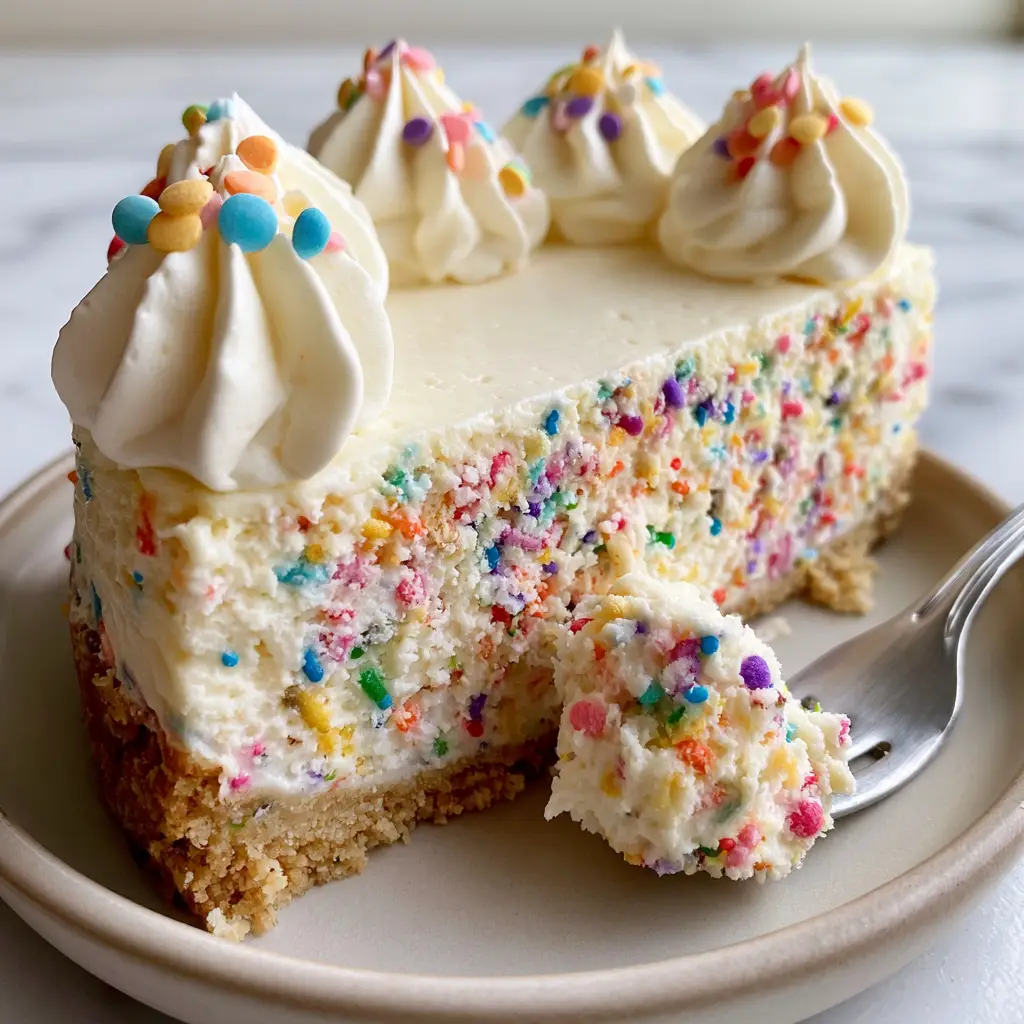 A slice of Birthday Cake Cheesecake with a bite taken out by a silver fork, highlighting the Golden Oreo crust.