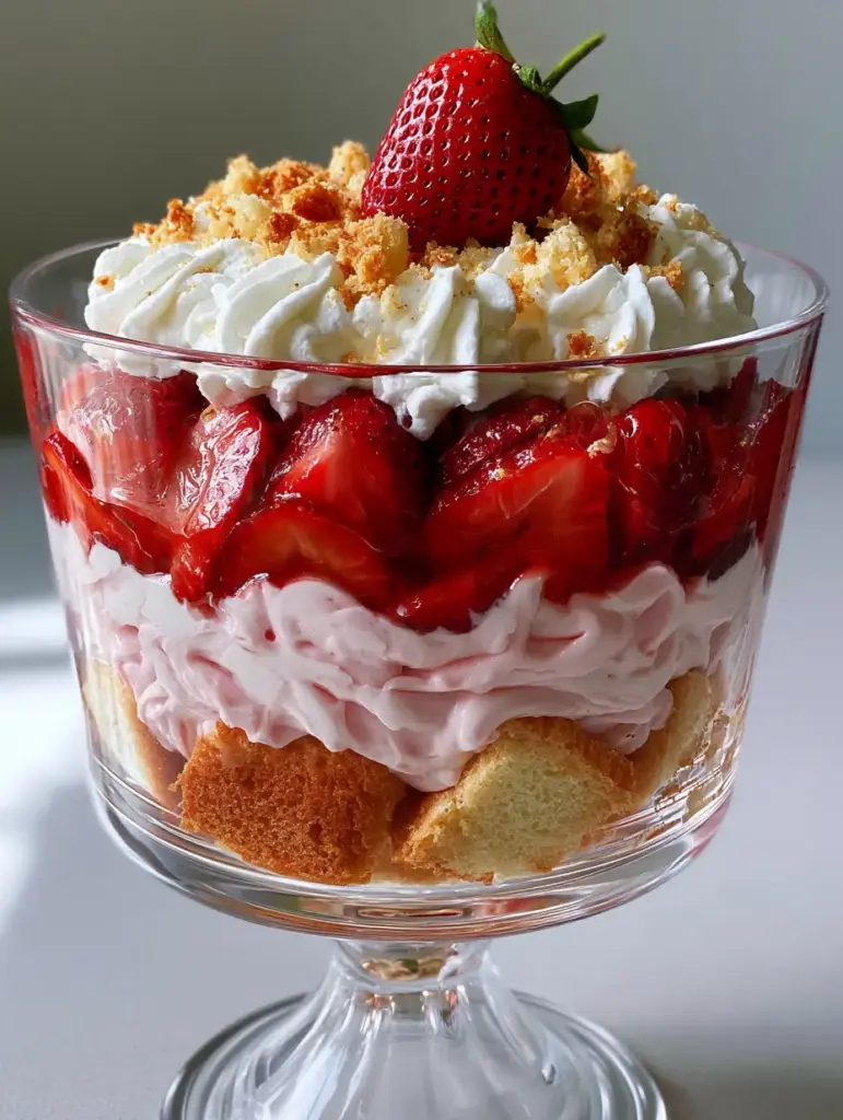 Strawberry Shortcake Trifle with Velvety Pink Cream Cheese Pudding 1 Overhead angle of a strawberry shortcake trifle garnished with piped whipped cream, toasted cake crumbs, and a whole strawberry.