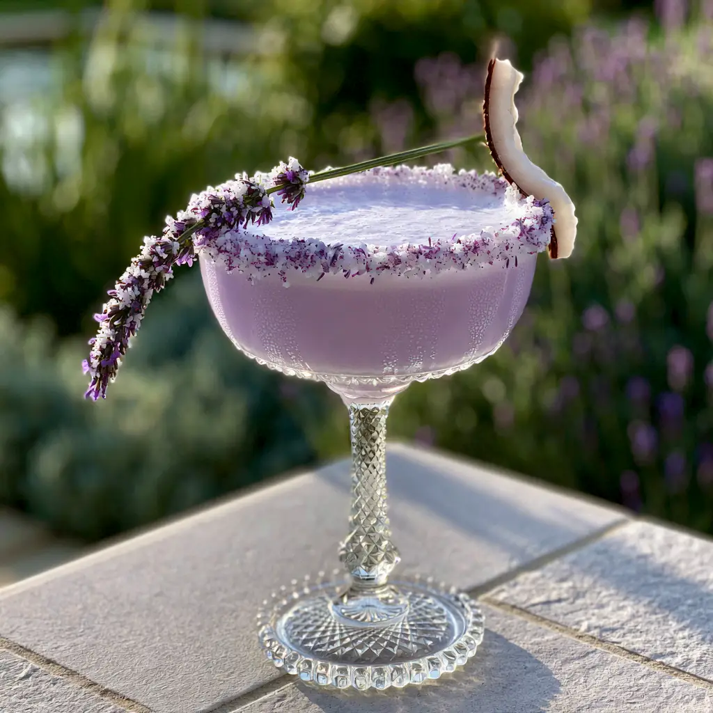 Coconut Lavender Margarita: The Creamiest Floral Summer Cocktail 1 Top down view of a Coconut Lavender Margarita showing the thick foam head and sparkling sugar rim on a stone table.