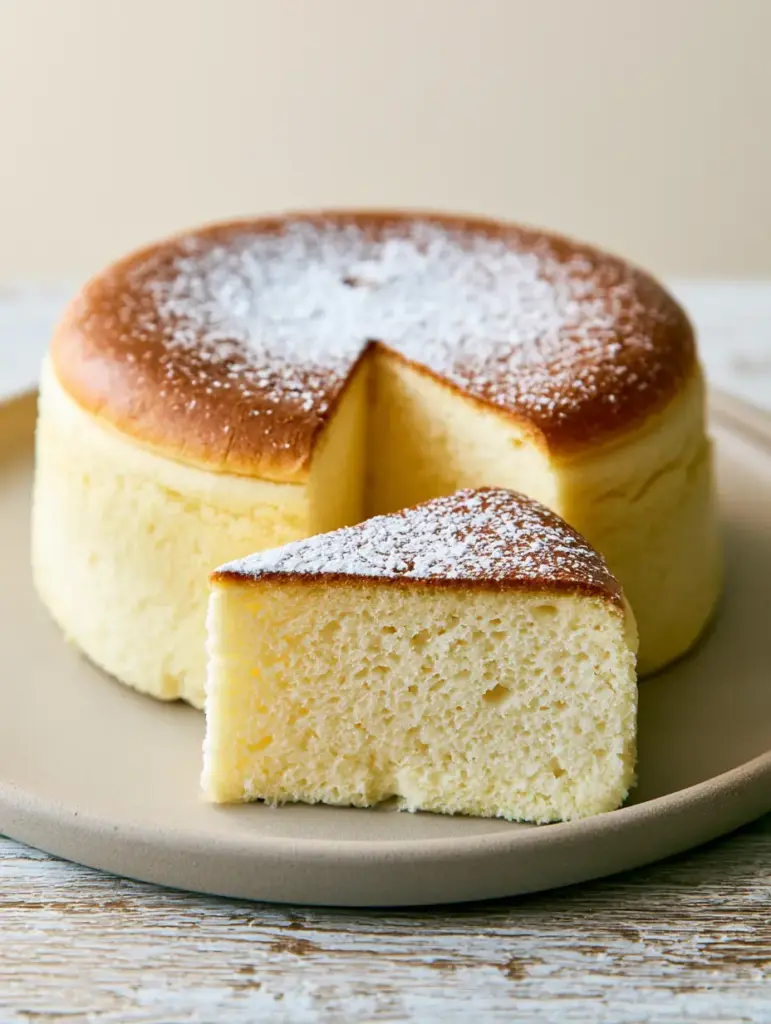 Japanese Cotton Cheesecake: The Ultimate Ultra-Fluffy Souffle Guide 1 Side view of a sliced Japanese cotton cheesecake on a rustic wooden table under soft morning light.