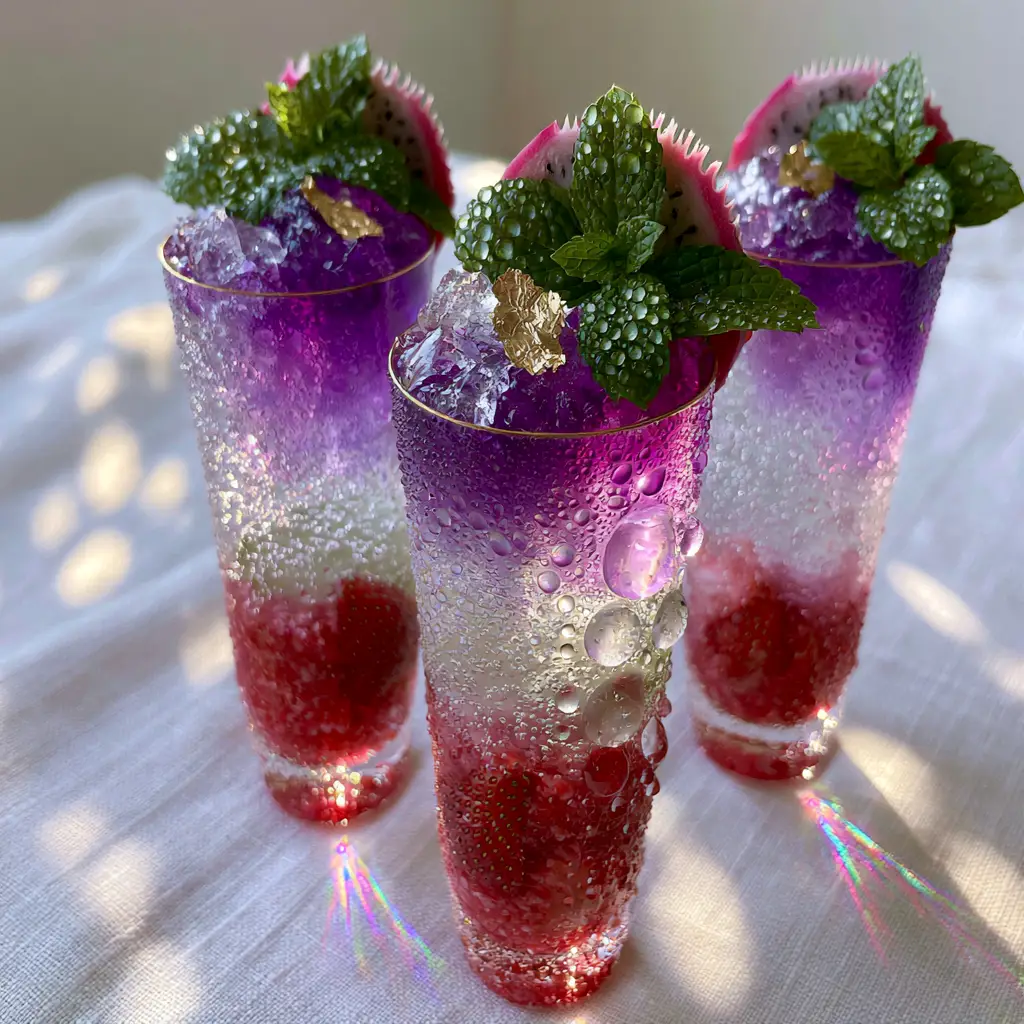 Summer Drinks: The Sparkling Strawberry Butterfly Pea Tea Mocktail 1 Close up of crushed ice and purple tea topper with edible gold leaf and serrated dragonfruit garnish.