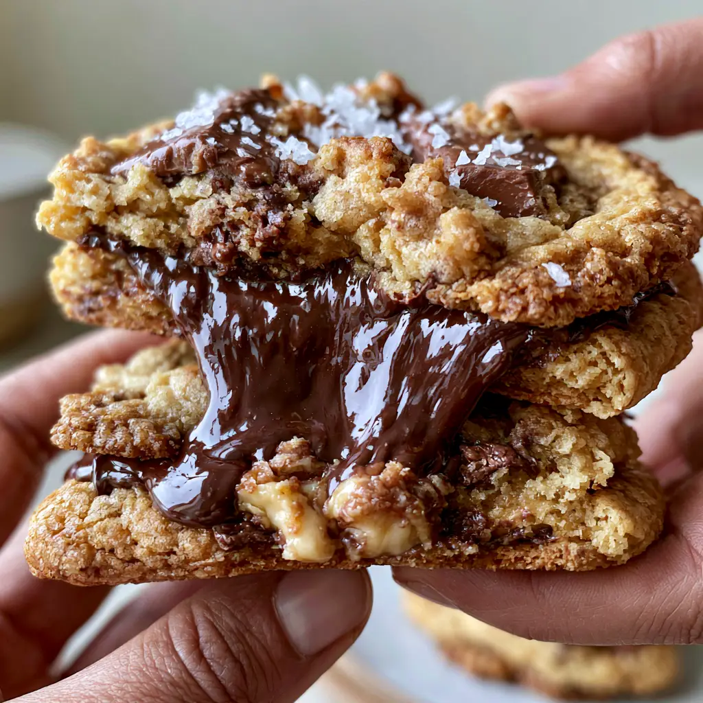 Molten chocolate chip cookie stack with Dark Chocolate Lava Center 1 A close up of warm chocolate chip cookies with melted milk chocolate pockets and coarse sea salt flakes. (Molten chocolate chip cookie stack)