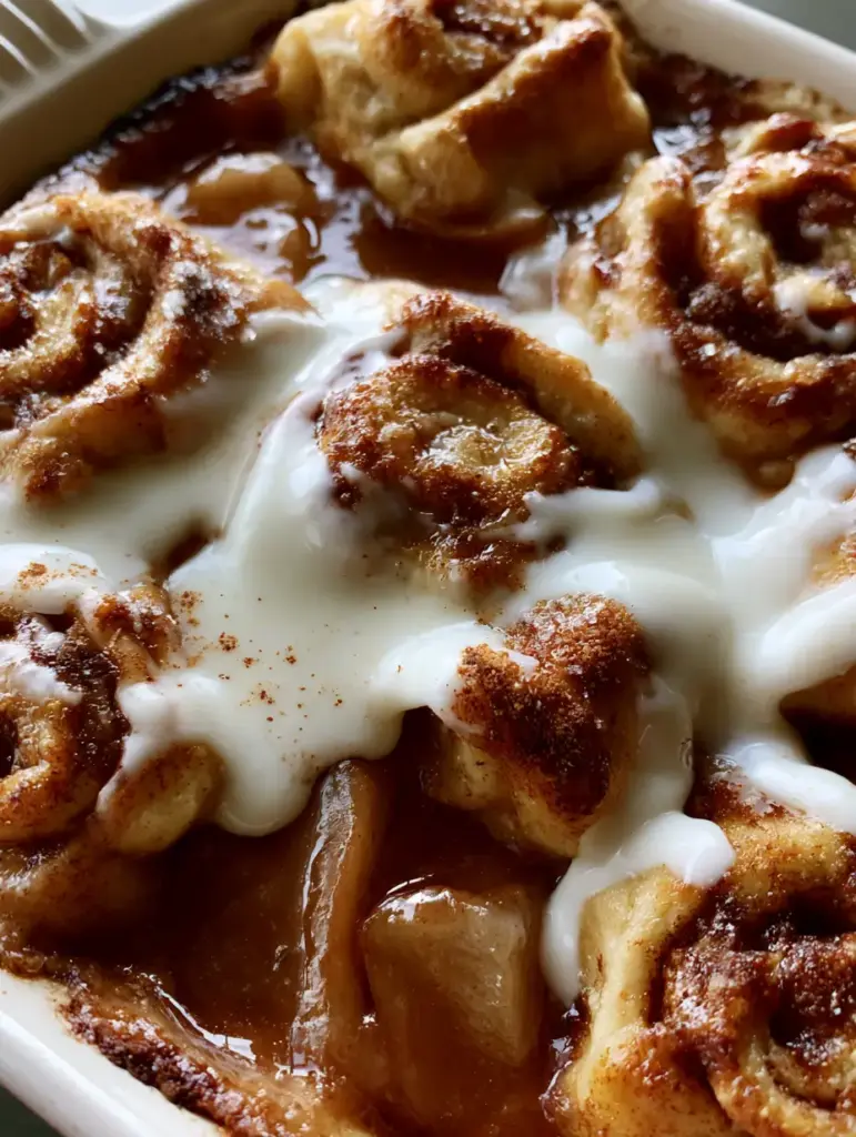 Cinnamon Roll Apple Cobbler: The Easiest 2-Ingredient Dessert Hack 1 Close-up of thick white cream cheese icing melting into the crevices of a warm cinnamon roll apple cobbler.