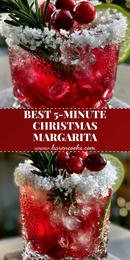 A festive Christmas Mistletoe Margarita in a crystal rocks glass with a thick sugar rim, ruby red base, pebble ice, and rosemary sprig garnish.
