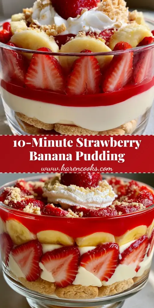 Strawberry Cheesecake Banana Pudding with Chessmen Shortbread Cookies 4 A tall glass trifle dish filled with layers of strawberry cheesecake banana pudding, showing golden Chessmen cookies, red strawberry slices, and yellow bananas.