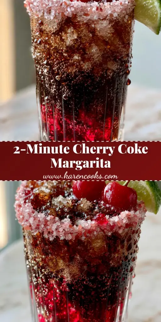 A close-up of a Cherry Coke Margarita in a ribbed glass with pebble ice, pink salt rim, and cherries.